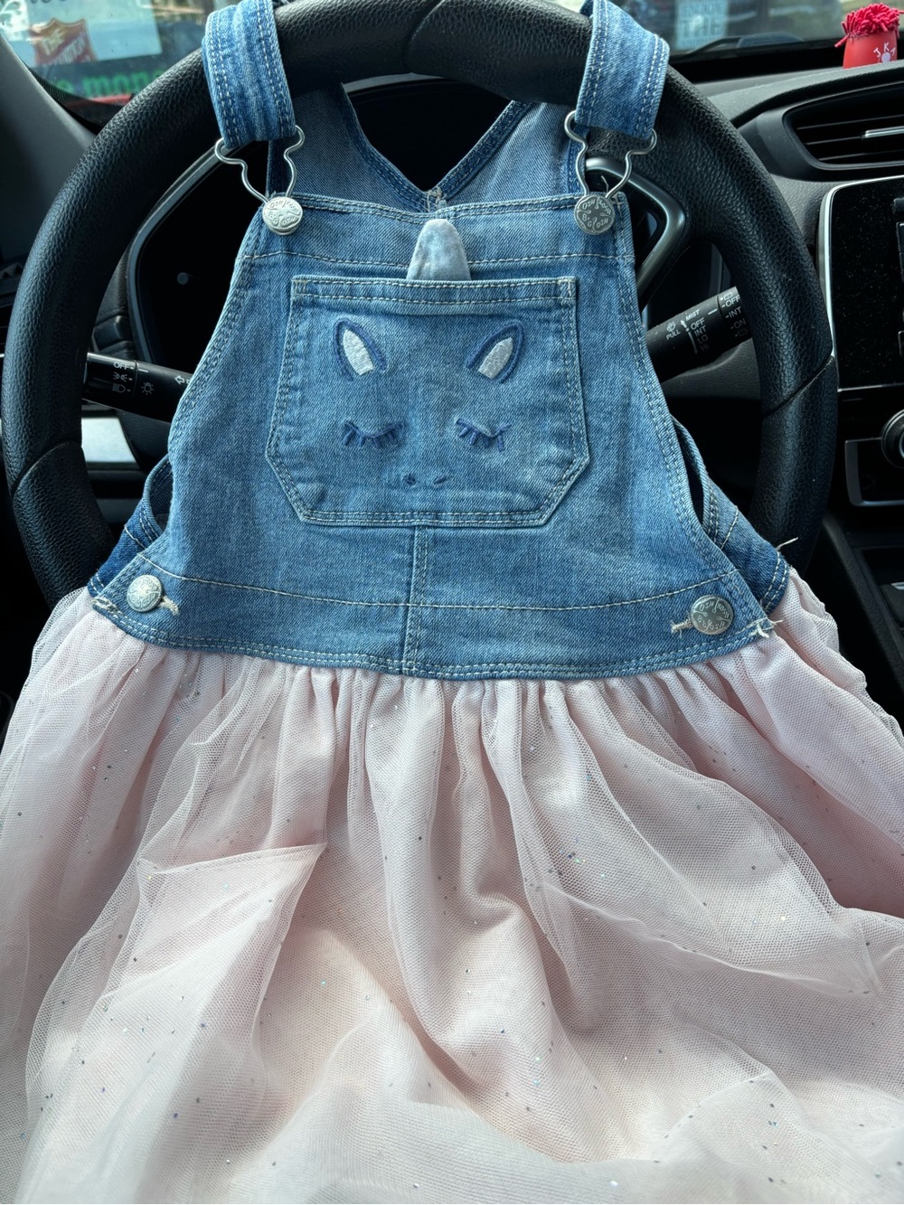 OshKosh B'gosh Denim Unicorn Pocket Overalls Dress in Blue and Light Pink
